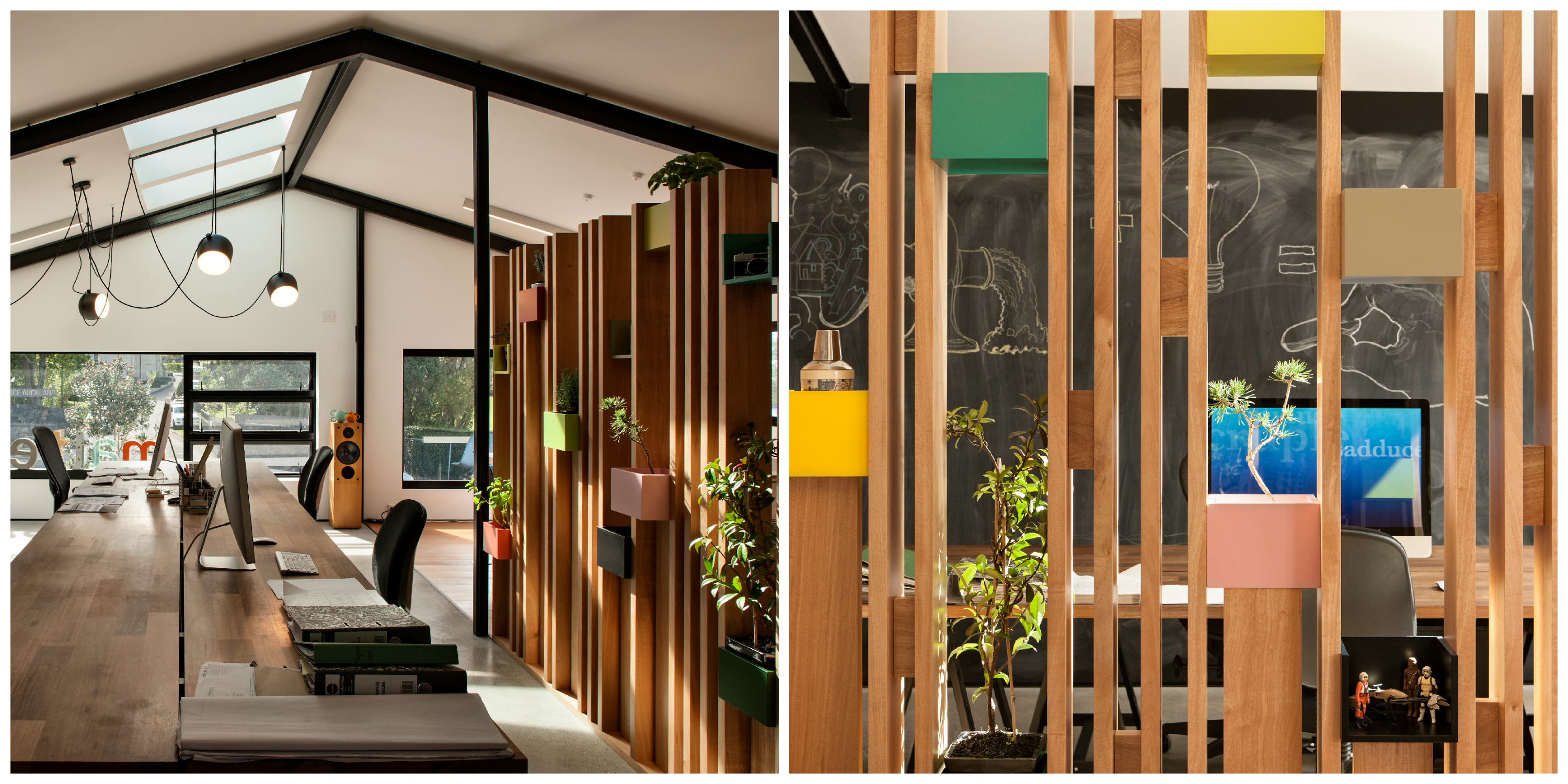 This slatted wooden room divider in the offices of Social Fabric allows light to penetrate into the back room and doubles as a plant holder and a display wall.