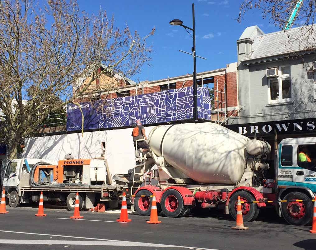 Concrete trucks outside 411-413 Remuera Road.